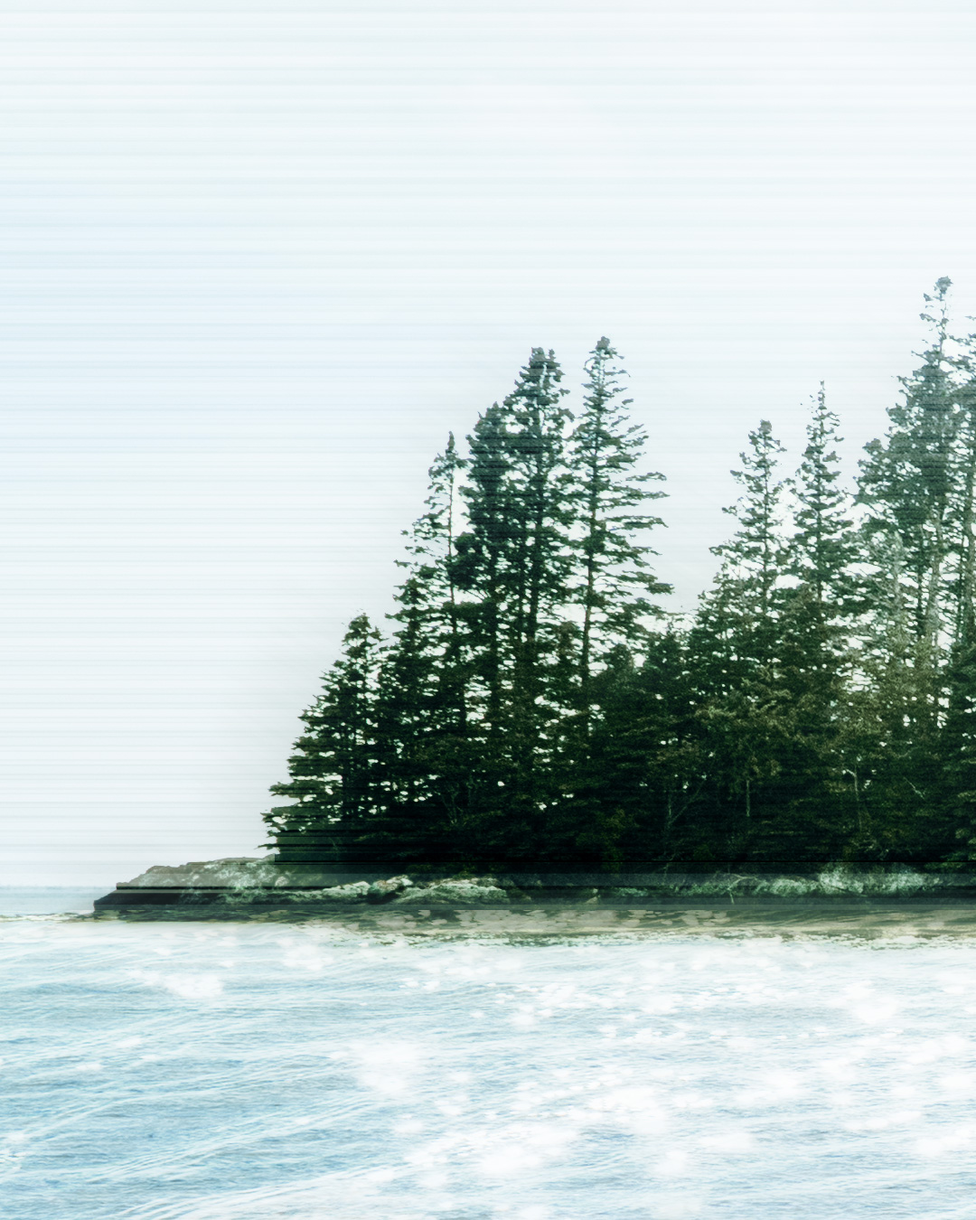 Maine island with sunset, water reflections and graphics inspired by the Anthropocene